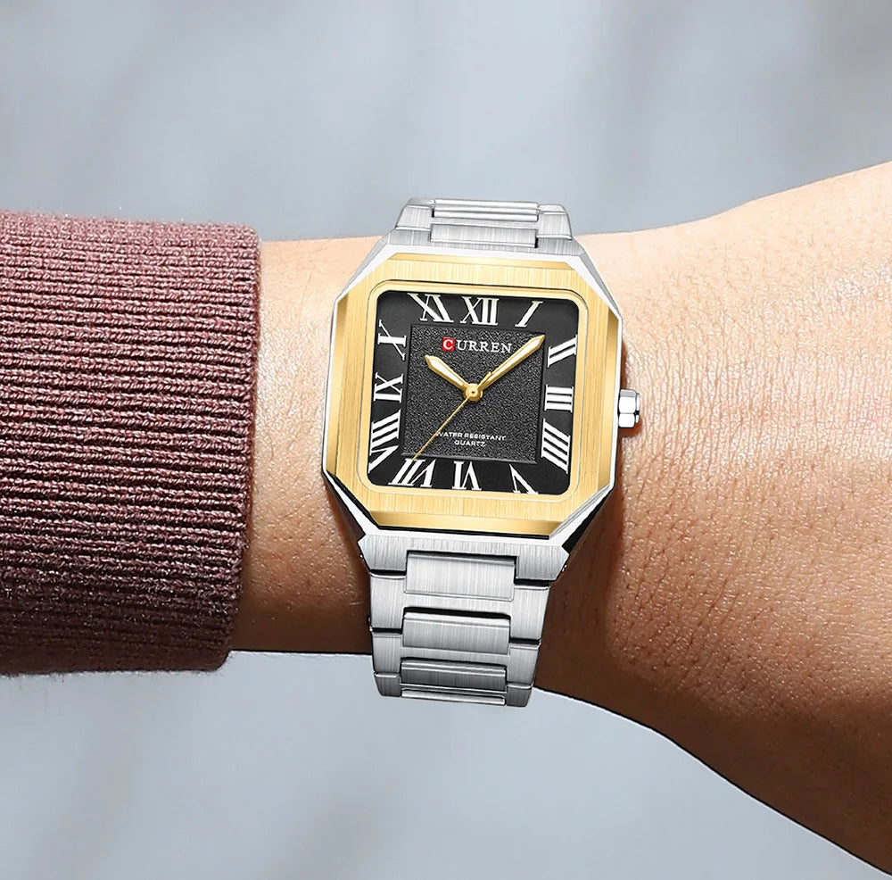 CURREN Vintage Square Design Dial with Roman Numeral Classic Business Dress Quartz Watch for Men with Luminous Hands 8482