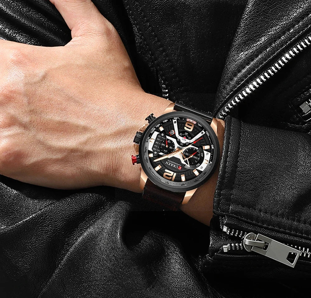 CURREN 8329 Men’s Watch – Casual sporty style, military-inspired design, leather strap, trendy chronograph, luxury watch from a leading brand