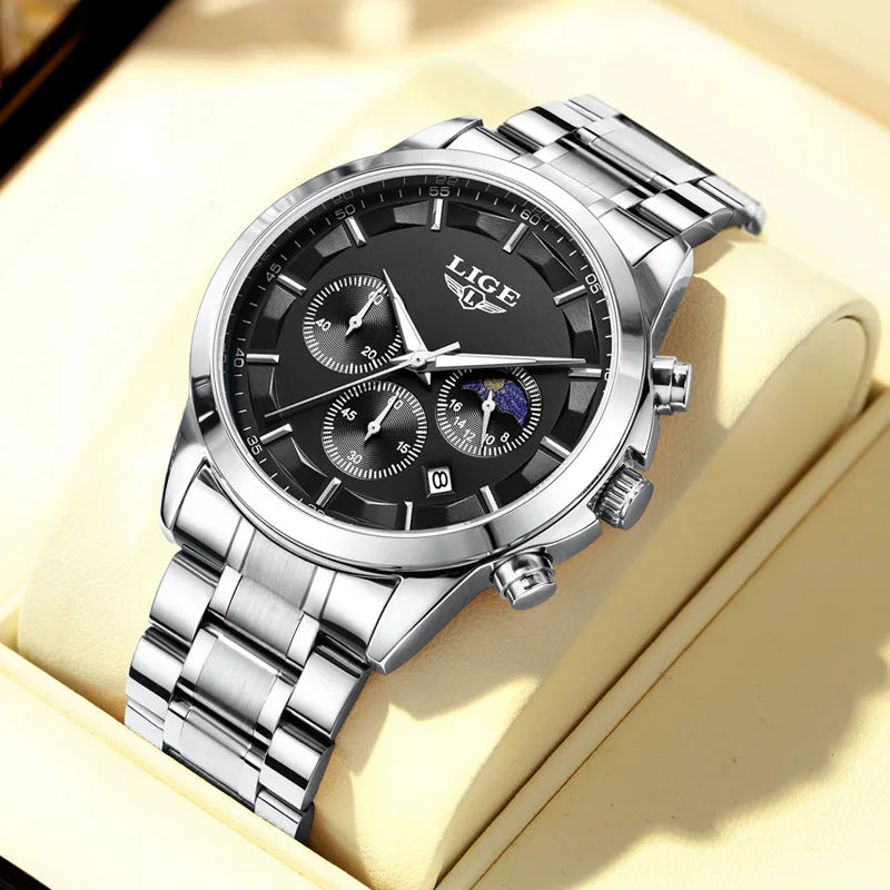 LIGE Men’s Watch – Luxury quartz chronograph, water-resistant (3 bar), with luminescent hands