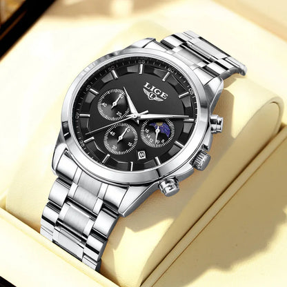 LIGE Men’s Watch – Luxury quartz chronograph, water-resistant (3 bar), with luminescent hands