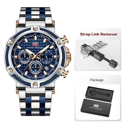 MINI FOCUS Black Stainless Steel Quartz Watch Men Fashion Luminous Dress Wristwatch with Date 24-hour Display Chronograph 0470