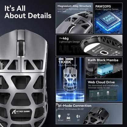 Mouse gaming ATTACK SHARK R3 din aliaj de magneziu cu design tip fagure, ultra-ușor, 8K Hz, senzor PAW3395, 26000 DPI, carcasă ergonomică