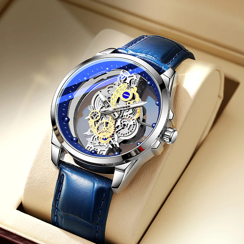 TPW men’s wristwatch – Trendy style, ‘skeleton’ model (black, gold or blue), quartz movement (non-automatic), luxury accessory, collection – Wholesale
