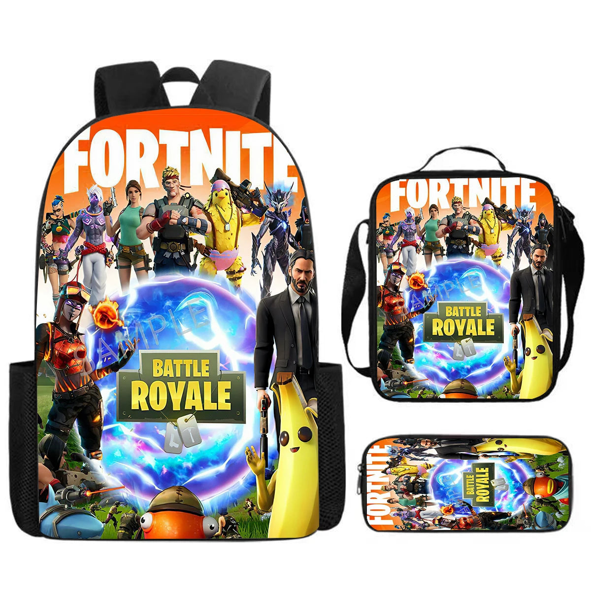 Cute Cartoon 3pcs Set School Backpack with Lunch Bag and Pencil Case, Large Anime Fortnite Kids School Bags for Boys and Girls