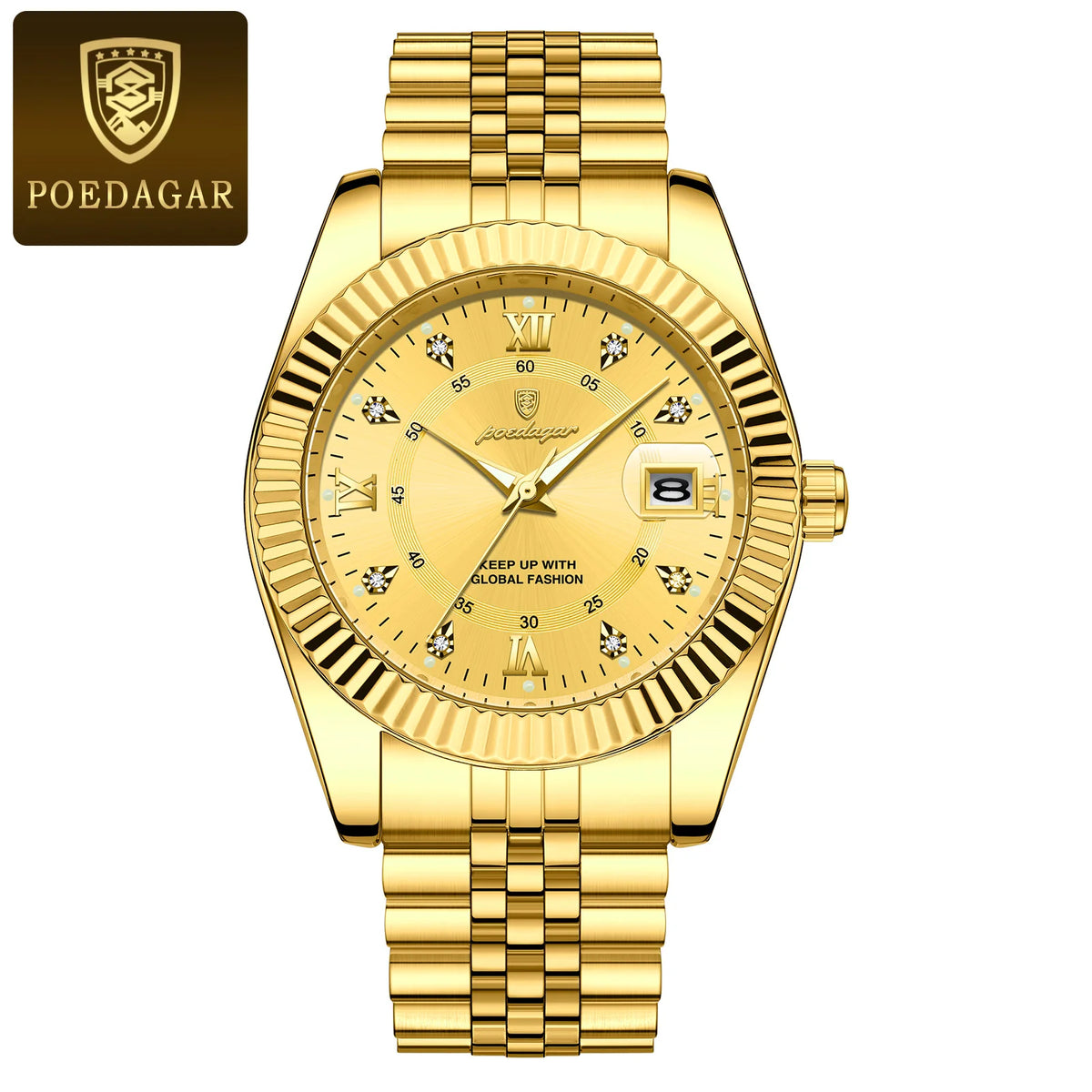 POEDAGAR Classic and Luxurious Men’s Quartz Watch – Stainless steel case, date display, water-resistant, luminescent hands – An elegant wristwatch for work or formal occasions