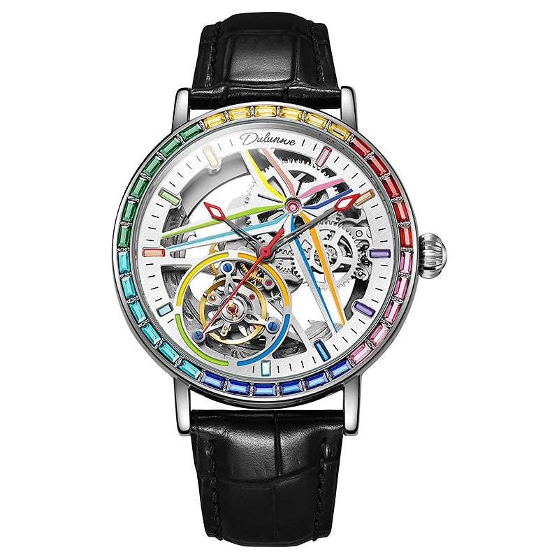 Férfi szkeleton óra, divatos stílusban, szivárvány színekben ragyogó drágakövekkel díszítve, tourbillon szerkezettel; luxus automata mechanikus óra, 30 méterig vízálló.
