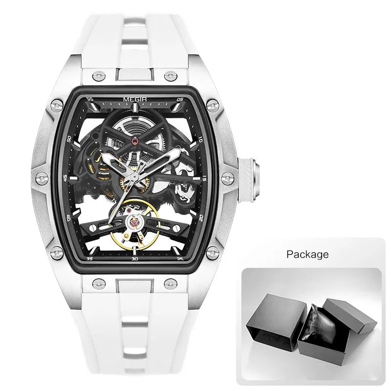 MEGIR 2242 Blue Automatic Watch for Men Sport Waterproof Stainless Steel Mechanical Wristwatch with Silicone Strap Skeleton Dial