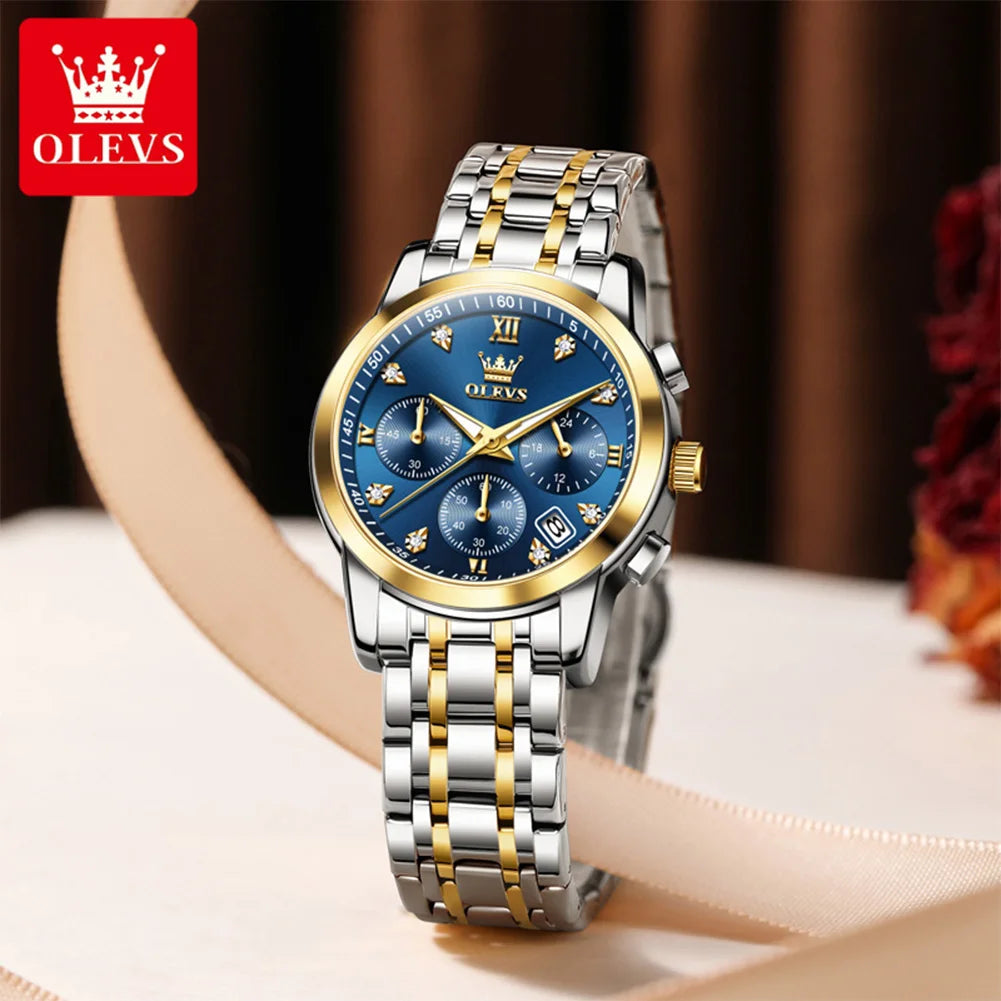 OLEVS ladies’ watch, luxury brand, quartz, water-resistant, luminous, date display, chronograph, bracelet, dress watch with diamonds.