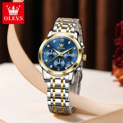 OLEVS ladies’ watch, luxury brand, quartz, water-resistant, luminous, date display, chronograph, bracelet, dress watch with diamonds.