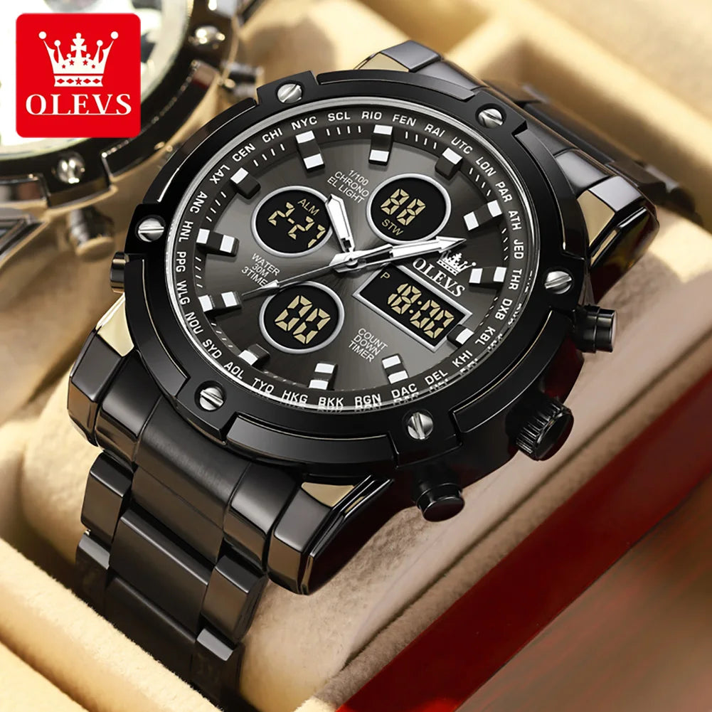 OLEVS Men’s Watch – Water-resistant stainless steel quartz wristwatch with LED display – Sporty and trendy style (model 1106)