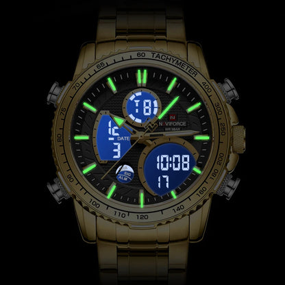 NAVIFORCE Men’s Sports Watch – Original luxury stainless steel wristwatch, water-resistant military-style model with dual display