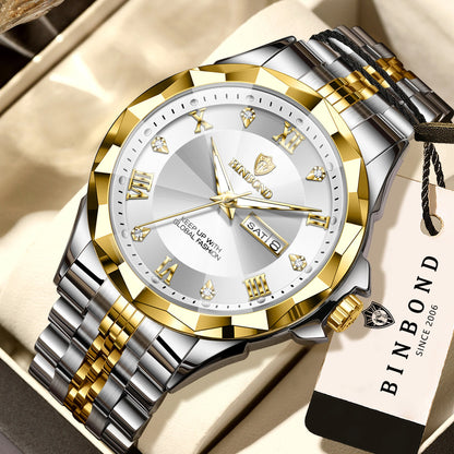 Relógio de quartzo para homem BINBOND – Relógio de pulso de luxo, luminoso e estanque, com indicação do dia da semana e data automática.