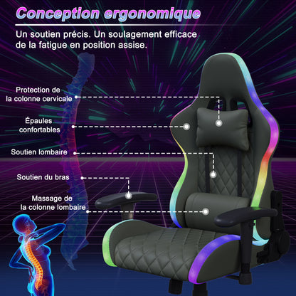 Rosahqnda Gaming Chair with Massage Function, Adjustable Office Chair, Gamer Chair with LED, Lumbar Cushion, Pillow, 150 KG