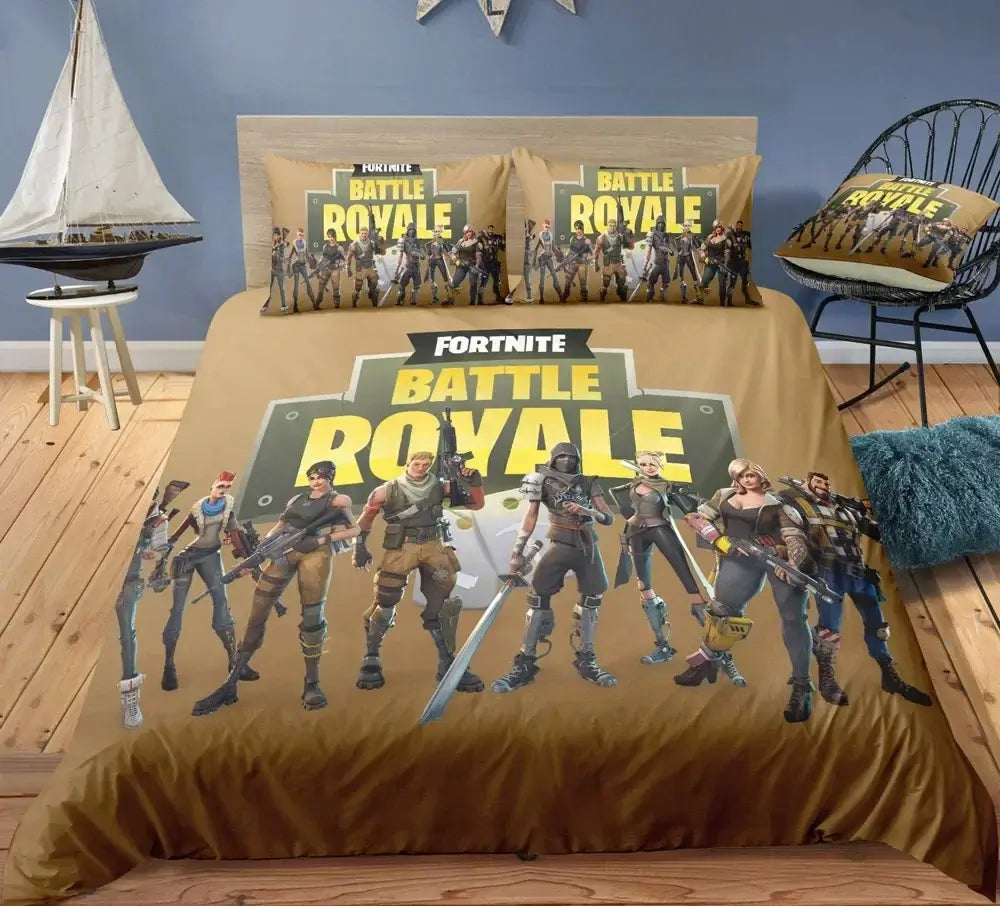 Спален комплект Fortnite с плик за завивка, 3 части, 3D принт, спално бельо за спалня, игра, аниме, анимационна калъфка за възглавница, декорация за стая, подаръци