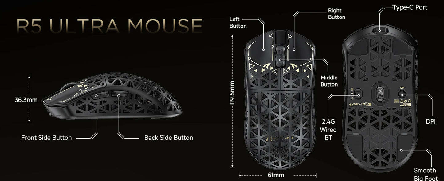 Mouse de gaming wireless ATTACK SHARK R5 Ultra 8K din fibră de carbon, cu senzor 42000 DPI-PAW3950 MAX - ultra-ușor, 39g, pentru Win/Mac