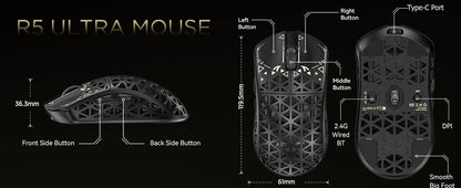 Mouse de gaming wireless ATTACK SHARK R5 Ultra 8K din fibră de carbon, cu senzor 42000 DPI-PAW3950 MAX - ultra-ușor, 39g, pentru Win/Mac