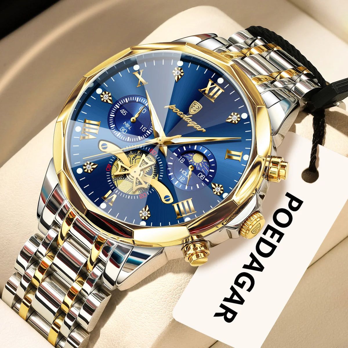 Original luxury POEDAGAR men’s watch, water-resistant, luminous chronograph, stainless steel quartz wristwatch, high-end men’s watches