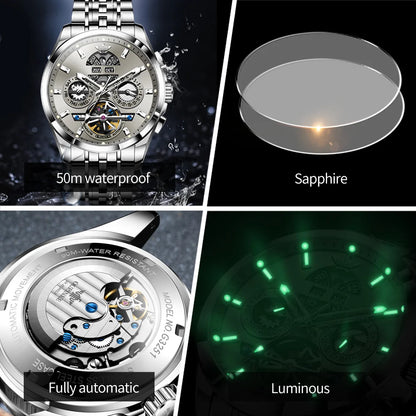 OUPINKE 3251 Watch For Men Auto Date Hollow Skeleton Luxury Automatic Mechanical Hand Clock Top Brand Waterproof Man Watches