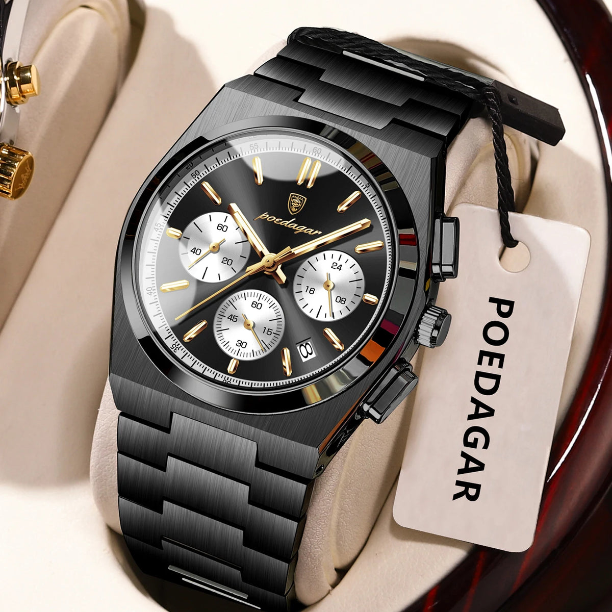 POEDAGAR Men’s Watch – Luxury stainless steel chronograph, with date, water-resistant and luminescent – Sporty quartz wristwatch