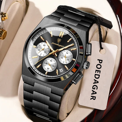 POEDAGAR Men’s Watch – Luxury stainless steel chronograph, with date, water-resistant and luminescent – Sporty quartz wristwatch
