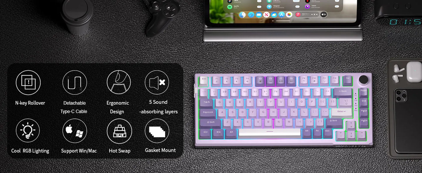 Teclado gaming mecânico MageGee SKY81 75%, RGB, gasket mount, hot-swappable, com fios, personalizável, som cremoso, amortecimento acústico e botão rotativo