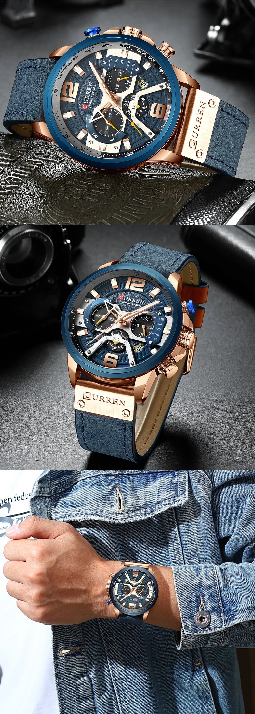 CURREN 8329 Men’s Watch – Casual sporty style, military-inspired design, leather strap, trendy chronograph, luxury watch from a leading brand