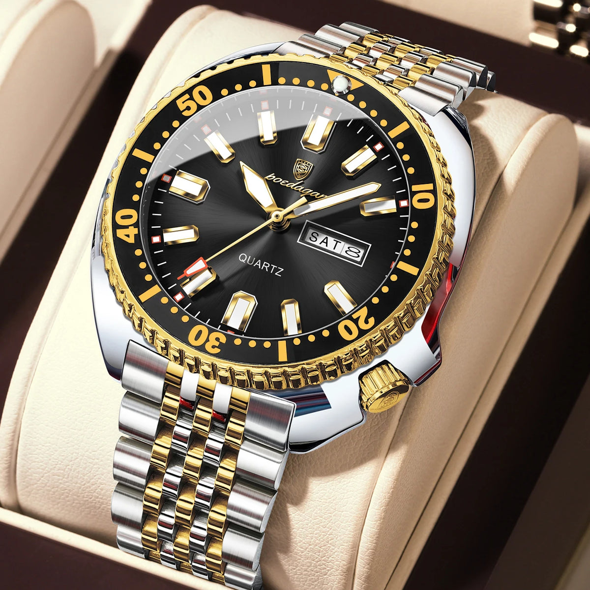 POEDAGAR luxury men’s watch, business style, with date and day of the week, water-resistant and luminous, made of stainless steel and powered by a quartz movement.