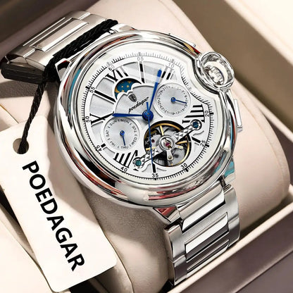 POEDAGAR men’s watch, luxury and professional style, with date and day display, tourbillon, stainless steel case, automatic mechanical movement and water resistance.