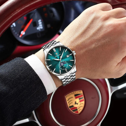 POEDAGAR luxury men’s watch, casual style, stainless steel, quartz, water-resistant, luminous, with date, elegant.