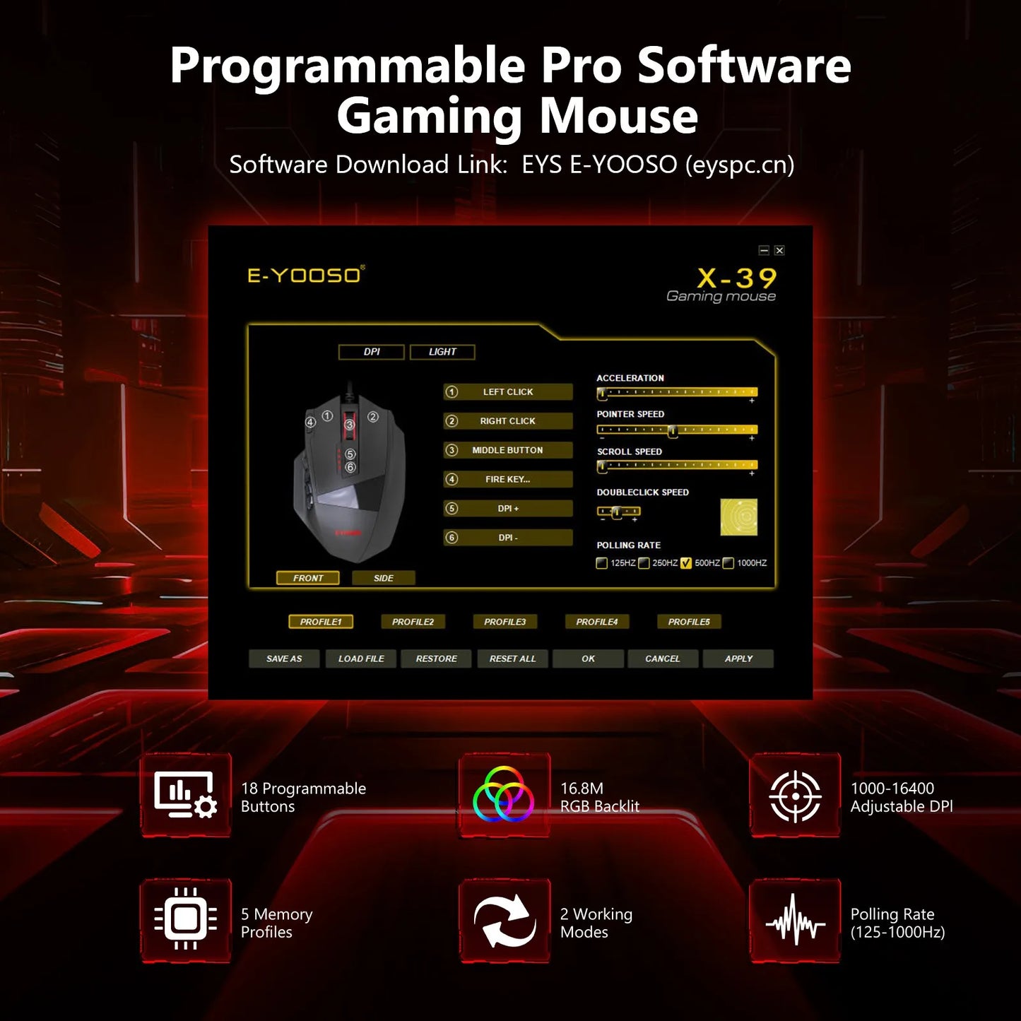 Mouse gaming programmabile E-YOOSO X-39, mouse RGB cablato con 18 pulsanti, 8 pesi removibili, 5 DPI, impugnatura ergonomica per computer