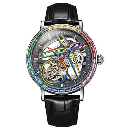 Férfi szkeleton óra, divatos stílusban, szivárvány színekben ragyogó drágakövekkel díszítve, tourbillon szerkezettel; luxus automata mechanikus óra, 30 méterig vízálló.