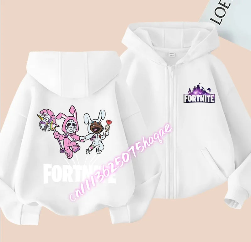 Ново детско яке с качулка Fortnites — суитшърт с цип и щампа на анимационен игрови персонаж, есенно-зимни дрехи за момчета