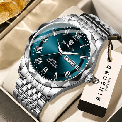 BINBOND Original Brand luxury quartz wristwatch for men, luminous, water-resistant, automatic date, day-of-the-week display, casual style.