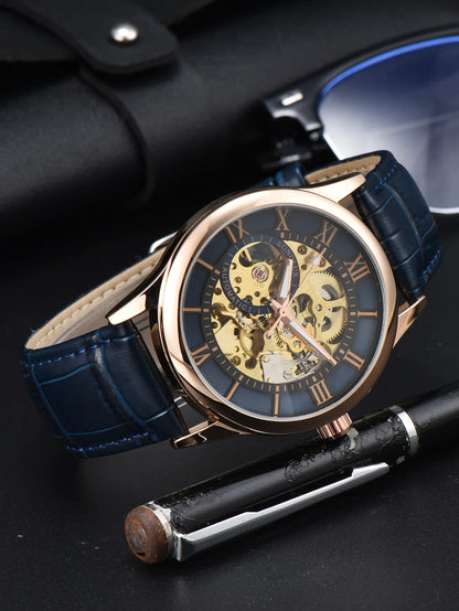 Men’s automatic watch, luxury style, Roman numeral dial, open-worked (skeletonised) movement, water-resistant, luminescent hands, leather strap – An ideal choice as a gift.