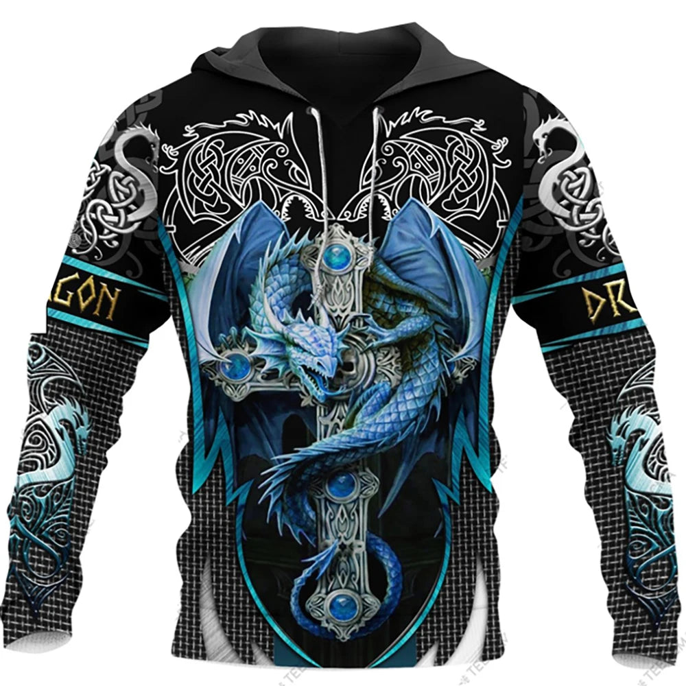 Herbst-Winter-Kapuzenpullover für Herren, langärmelig, mit 3D-Tattoo-Drachen-Print, Unisex-Streetwear-Sweatshirt, lässiger Trainingsanzug-Pullover