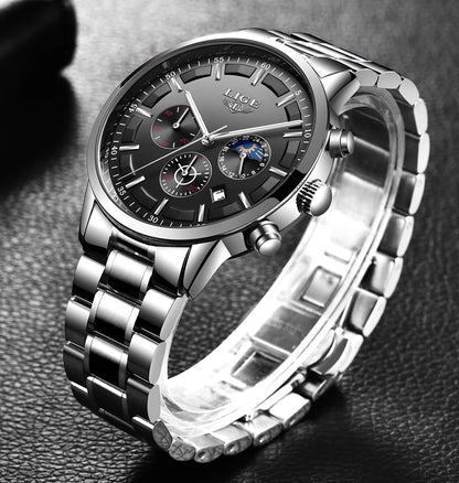 Montre pour homme LIGE – Chronographe à quartz de luxe, étanche (3 bars), avec aiguilles luminescentes – Idée cadeau (boîte incluse)
