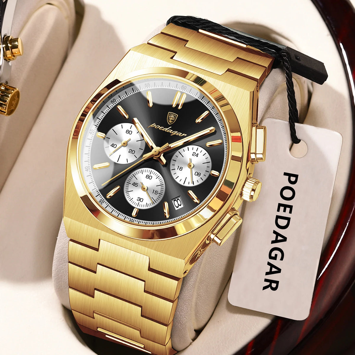 POEDAGAR Men’s Watch – Luxury stainless steel chronograph, with date, water-resistant and luminescent – Sporty quartz wristwatch
