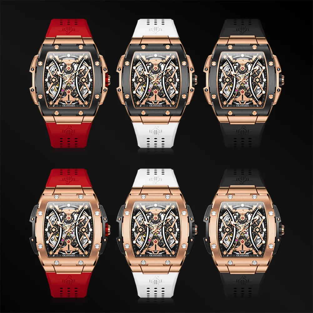 OUPINKE Men's Watches Classic Luxury Tonneau Dial Top Brand Original Automatic Mechanical Wristwatch Silicone Strap Sapphire New
