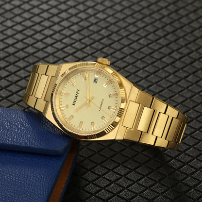 BERNY men’s automatic watch, gold-coloured, sapphire crystal, luminescent hands, 100% genuine, fitted with a PT5000 movement, anti-reflective coating, luxury model with interchangeable bezel, water-resistant to 5 ATM.