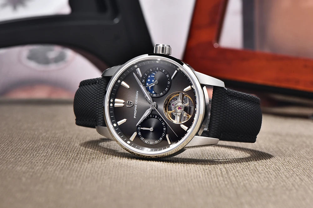 PAGANI DESIGN – Luxus mechanikus férfi karóra, 41 mm, zafírüveg, bőr szíj, vízálló, pilóta stílusú, tourbillon és holdfázis kijelzővel