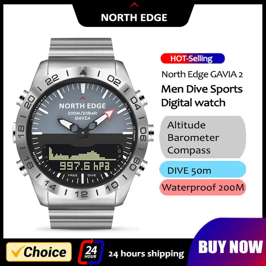 NORTH EDGE Men's Dive Watch Military Army Luxury Full Steel Smartwatch Compass Altimeter Barometer Digital Clock Waterproof 200m