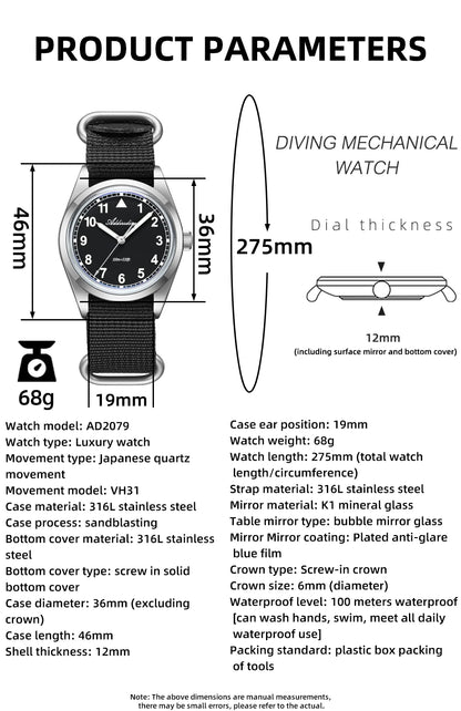 Relógio analógico masculino ADDIESDIVE 36mm com vidro espelhado bolha, 100m à prova de água, luminoso, simples, em quartzo, com bracelete em nylon