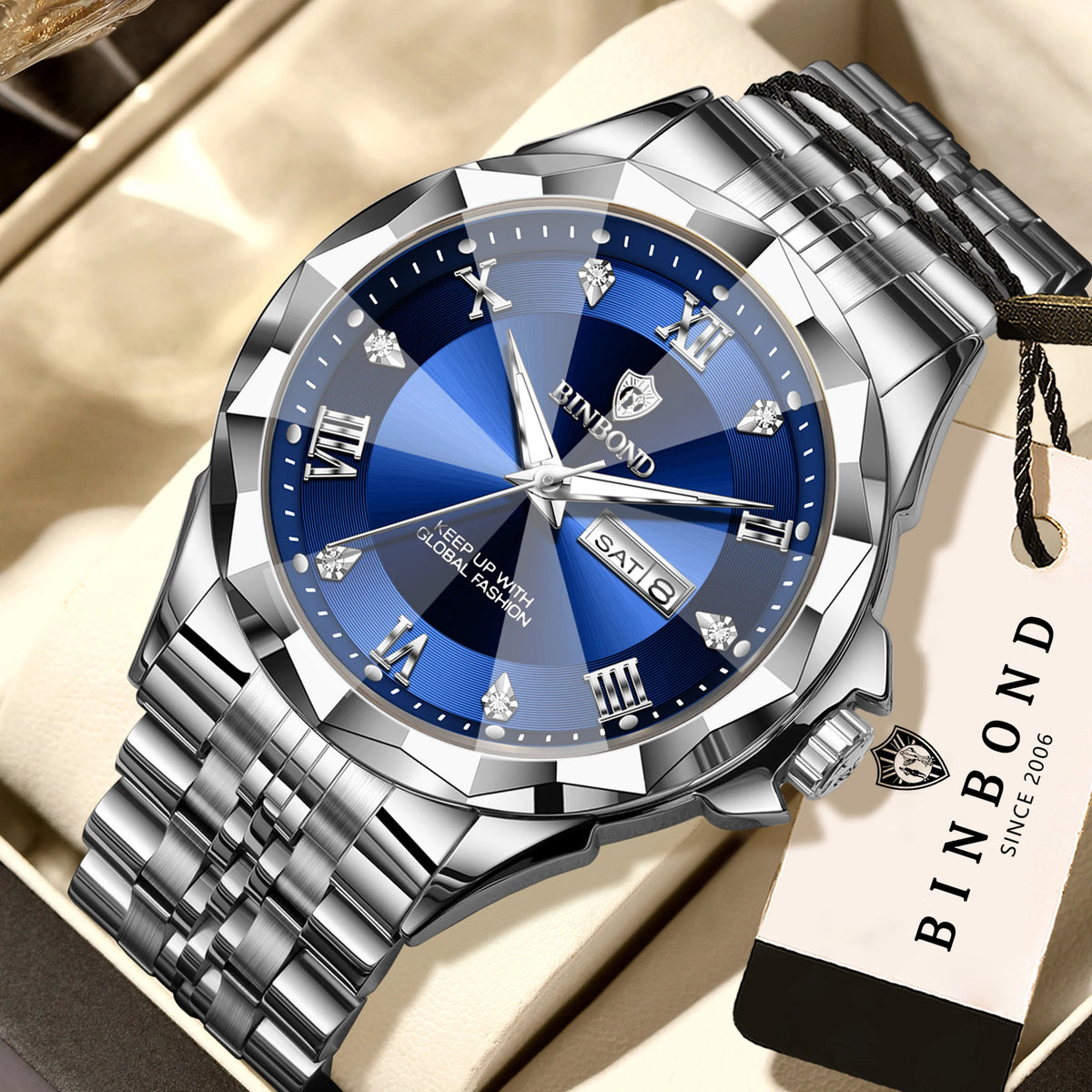 Relógio de quartzo para homem BINBOND – Relógio de pulso de luxo, luminoso e estanque, com indicação do dia da semana e data automática.