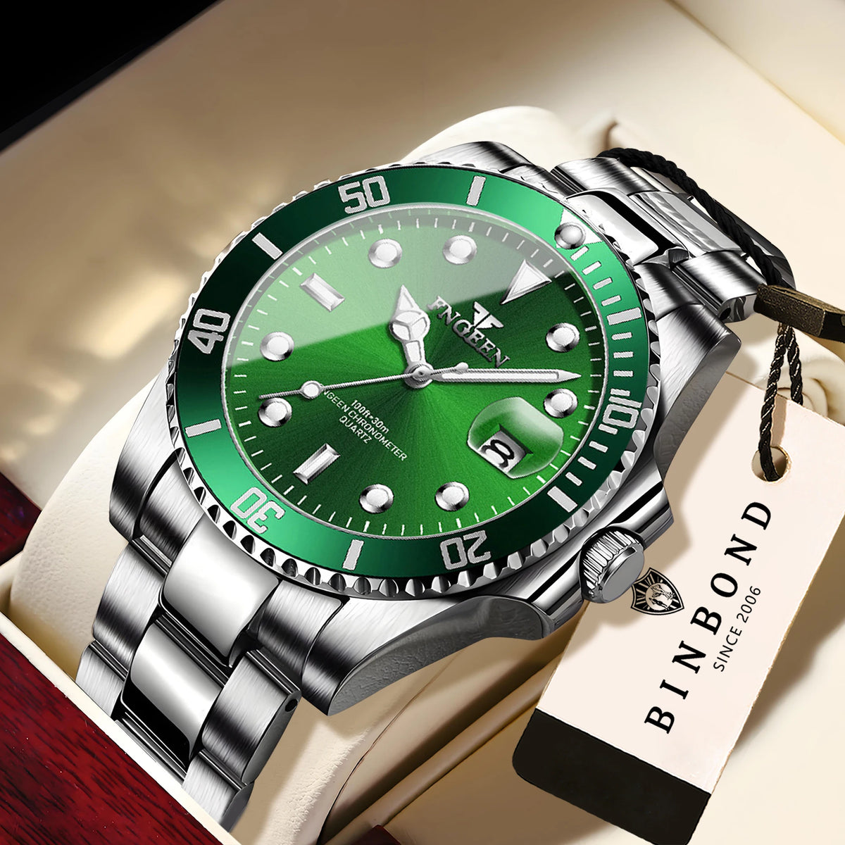 BINBOND FNGEEN Son Brand quartz wristwatch for men, with a stainless steel strap, luminous and water-resistant, luxury.