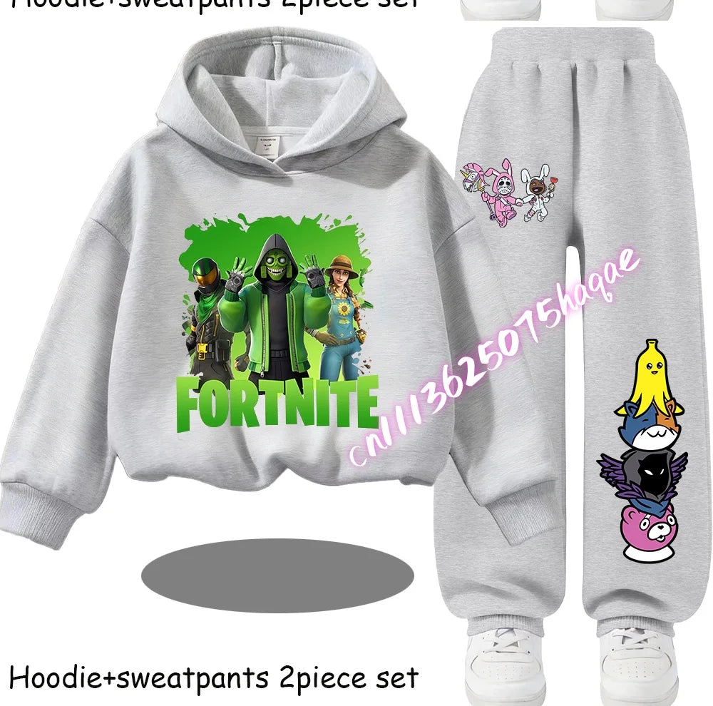 Fortnite-bedruckte Kinder-Hoodies, Cartoon-Design, bequemes 2-teiliges Set, locker sitzende Langarm-Oberteile mit Hose, Herbst-/Winterkleidung, Geschenk