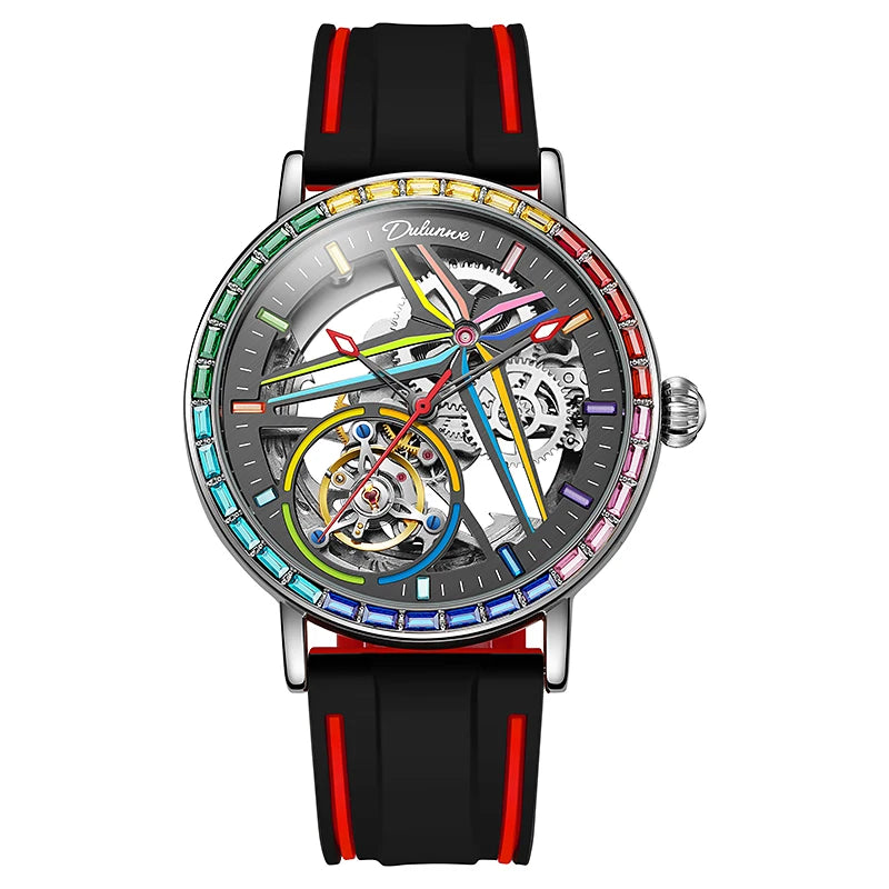 Férfi szkeleton óra, divatos stílusban, szivárvány színekben ragyogó drágakövekkel díszítve, tourbillon szerkezettel; luxus automata mechanikus óra, 30 méterig vízálló.