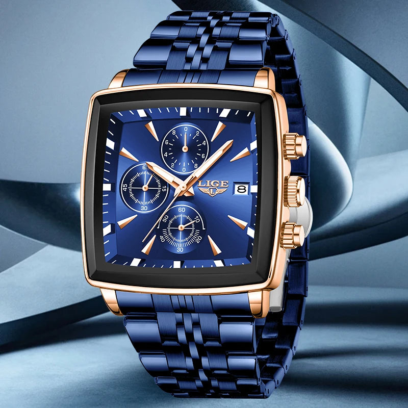 LIGE luxury men’s watches, square model, classic and trendy style, stainless steel, water-resistant, sporty and casual, with quartz movement.