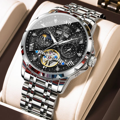 Montre mécanique automatique pour homme POEDAGAR – Modèle haut de gamme, boîtier en acier inoxydable, calendrier, tourbillon apparent