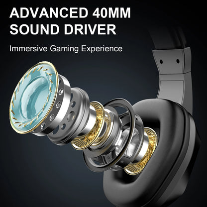 Wireless BT Gaming Headset with LED Lights, Low Latency Gaming Headphones, 40mm Drivers, Over-Ear Gaming Earphones with Omnidirectional Microphone