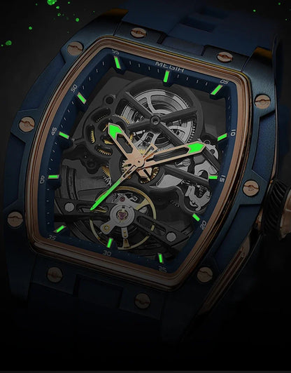 MEGIR Fashion Leisure Alloy Case Men Mechanical Watch Silicone Band Barrel Shaped Dial Luminous Pointer Design Man Wristwatch